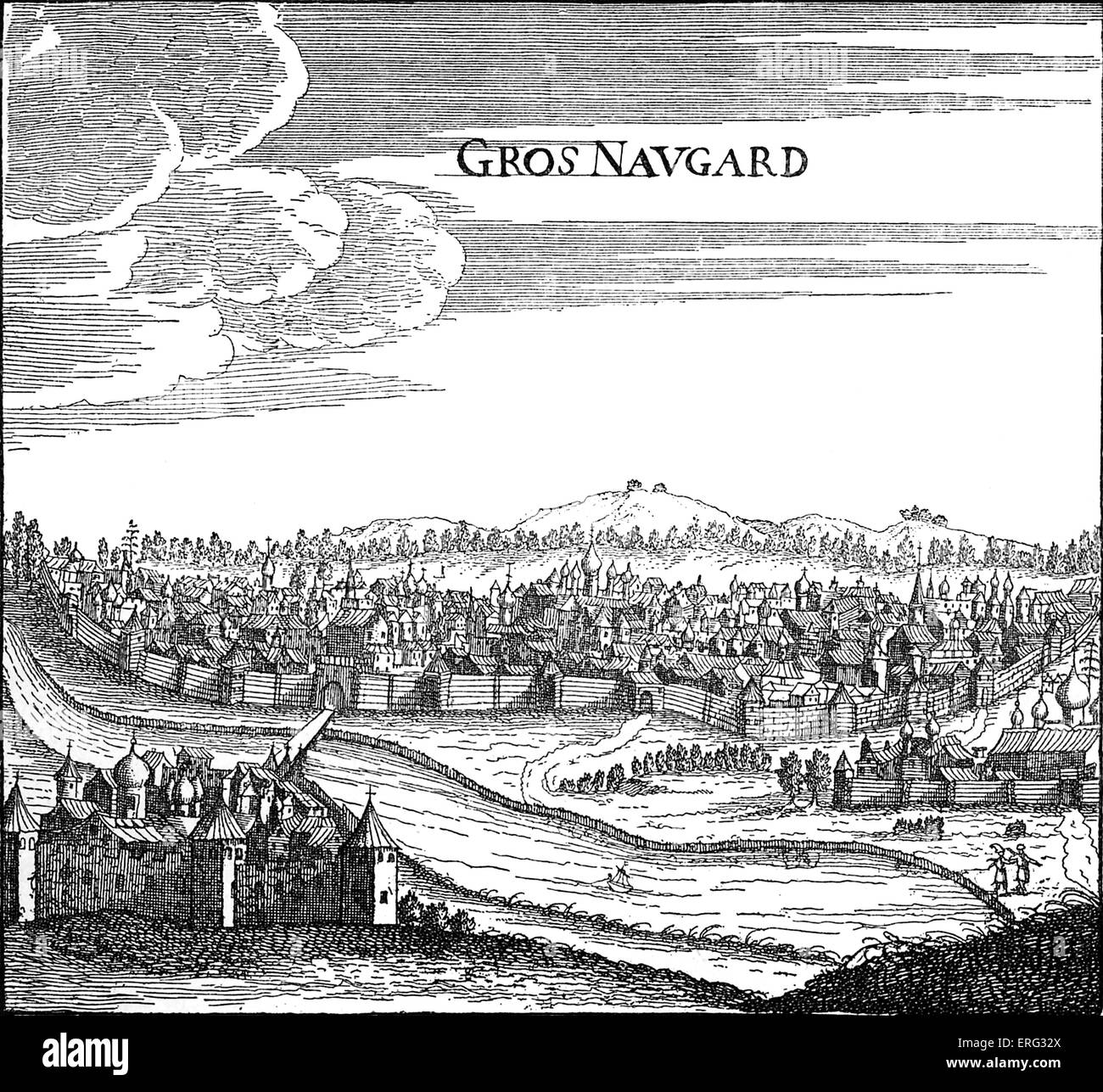 Groß Nowgorod über den Volhov-Fluss aus gesehen.  Von "Arnhold von Marke Reisen", Wesel, 1702. Stockfoto