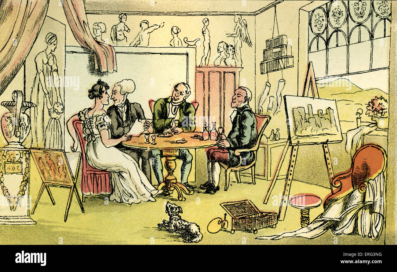 Der Künstler Zimmer ", Illustration von Thomas Rowlandson aus"Doktor Syntax-Tour auf der Suche nach einer Frau"von William Combe. Zuerst veröffentlicht 1821 (ursprünglich Aquarelle). Thomas Rowlandson 1756-1827. Stockfoto