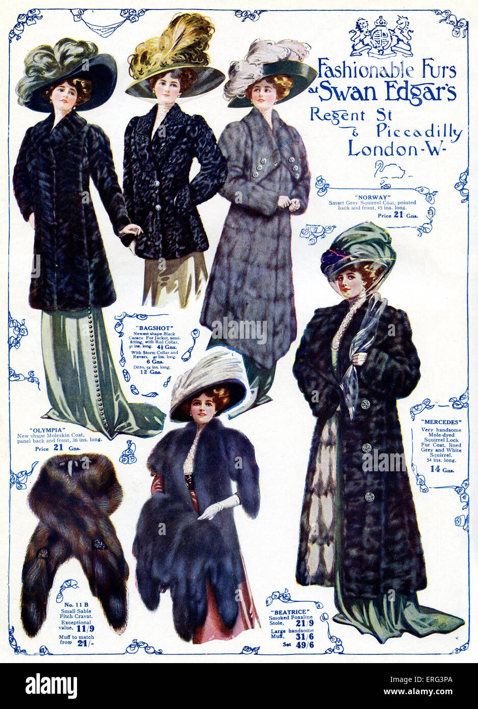 "Modische Pelze", frühen 1900er Jahren Werbung für Pelzmäntel im Kaufhaus Swan und Edgars, London Piccadilly Stockfoto