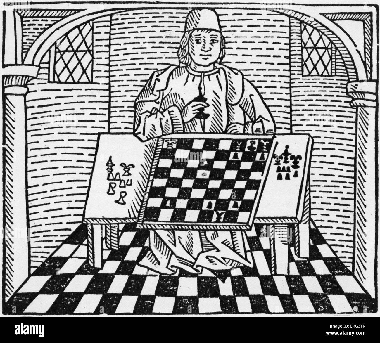 "Spiel und SP die Kase", von William Caxton. "Der Philosoph sagte, das Spiel des Schachs erfunden zu haben". Aus einer Stockfoto