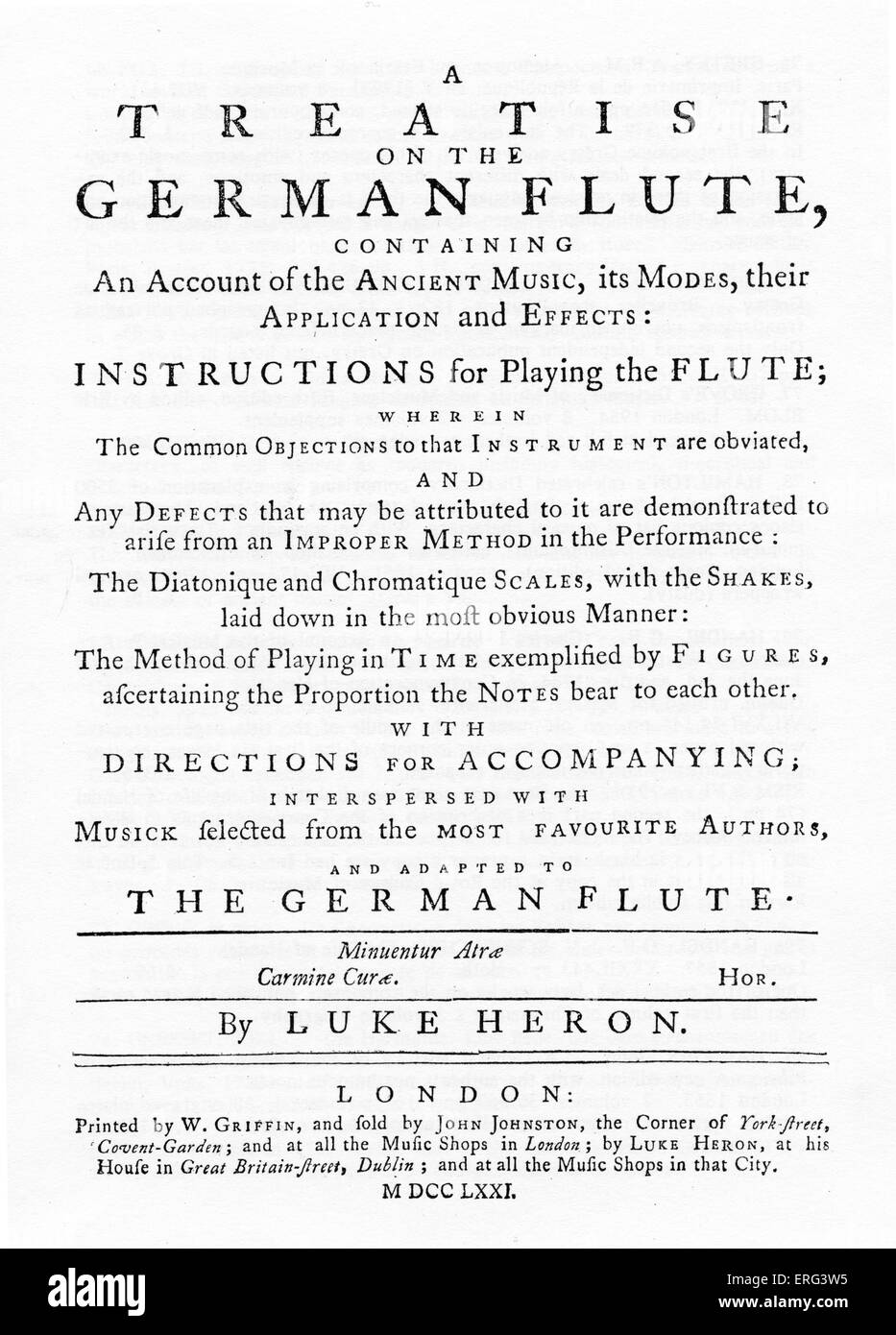 "Eine Abhandlung über die Deutsch-Querflöte" von Luke Heron, 1771, London, gedruckt von w Griffin. Frontispiz. Stockfoto