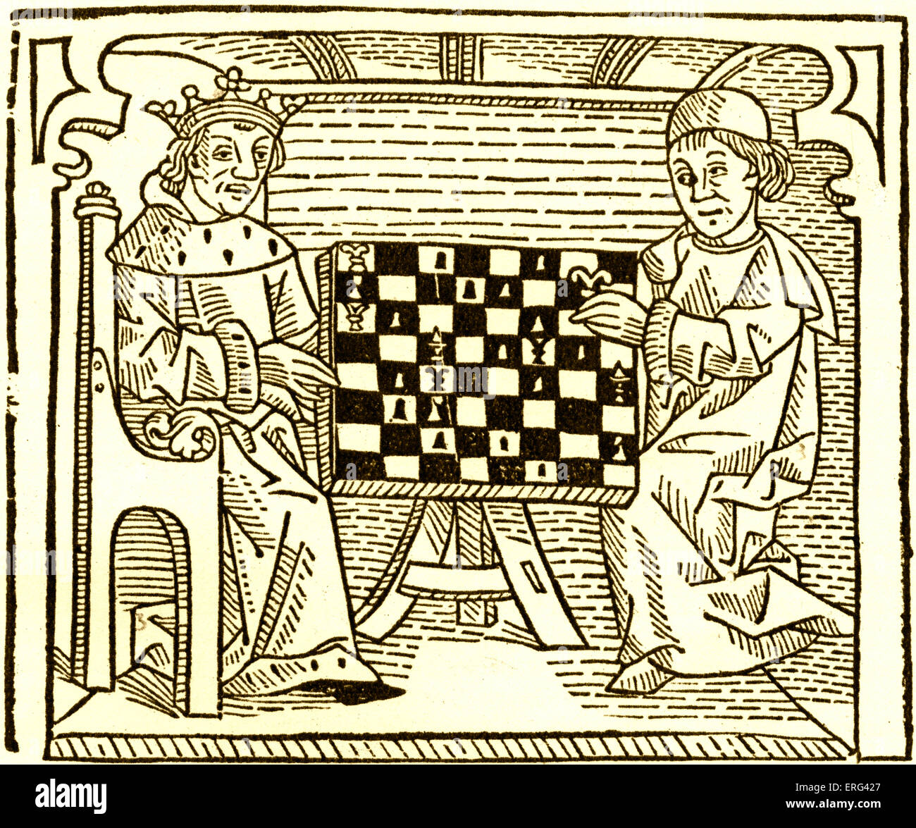 "Spiel und SP die Kase", von William Caxton. "Der Philosoph lehrt den König zu spielen". Aus einem Holzschnitt, c. 1483. WC, Stockfoto
