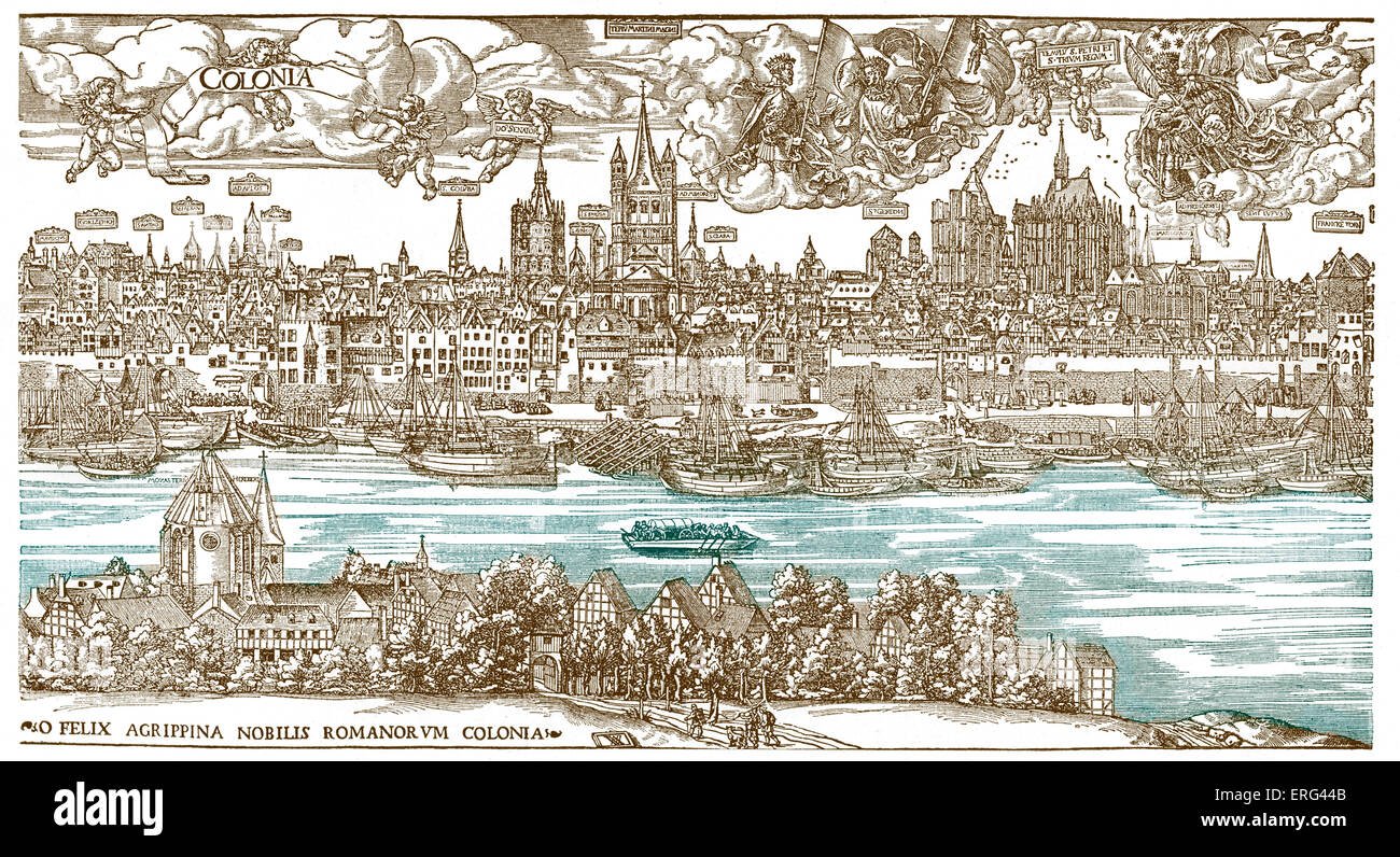 Ansicht von Köln mit einer noch unvollendeten Kathedrale, 1531.  Holzschnitt von Anton von Worms deutscher Künstler 1492-1541. Getönte Version. Stockfoto