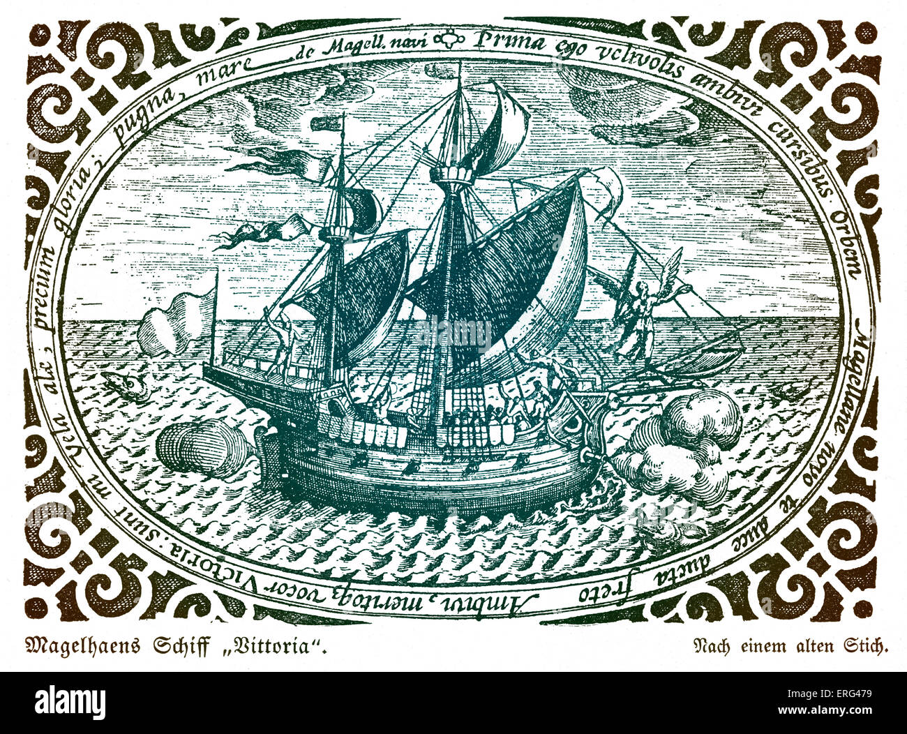 Ferdinand Magellan Schiff, die Victoria. FM portugiesischer Seefahrer und Entdecker 1480-27. April 1521. Getönte Version. Stockfoto
