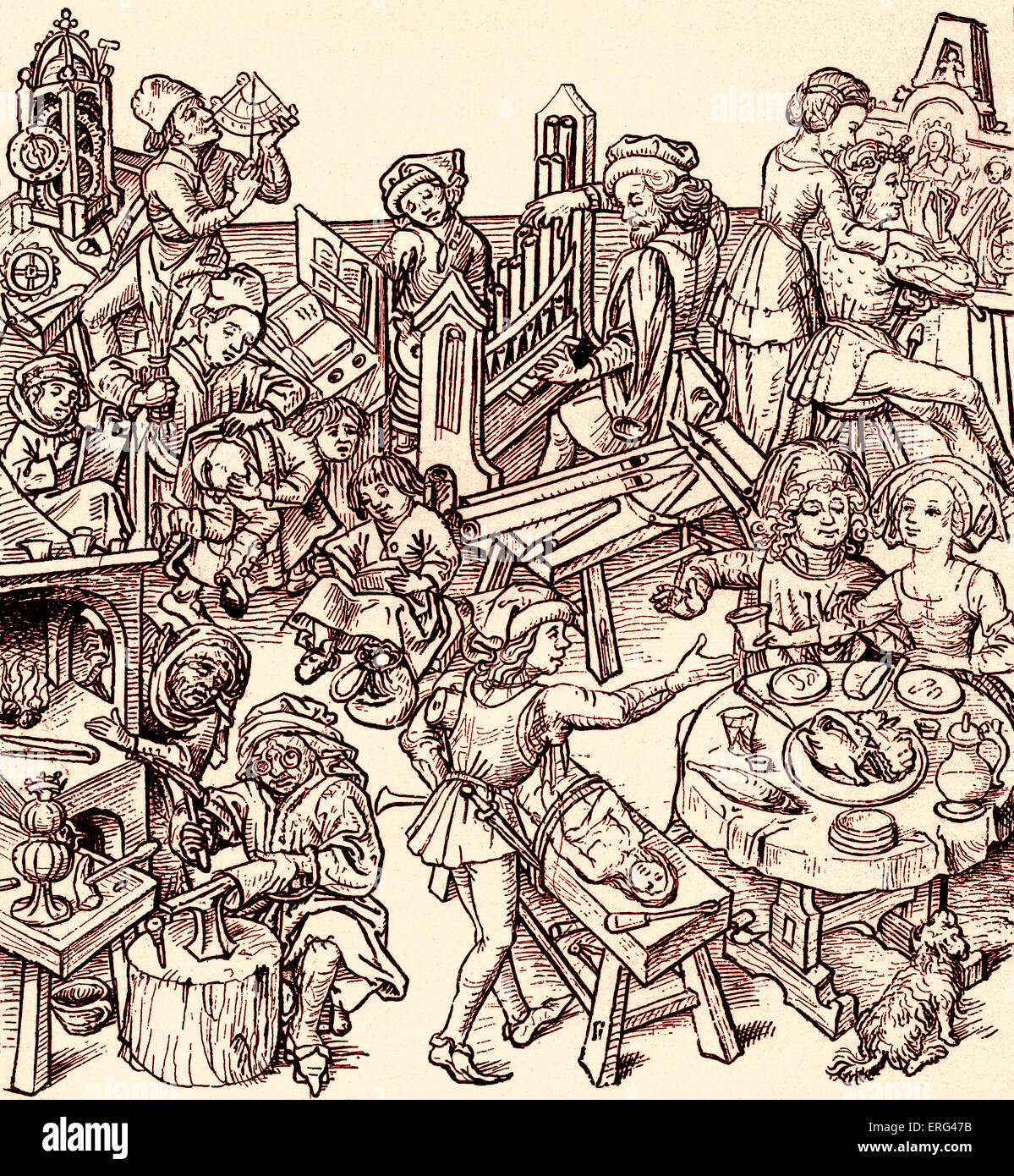 Häusliche Leben des sechzehnten Jahrhunderts, einschließlich Szenen des Speisens, Handwerker, die ihr Gewerbe, ein Schulmeister Bestrafung ein Stockfoto