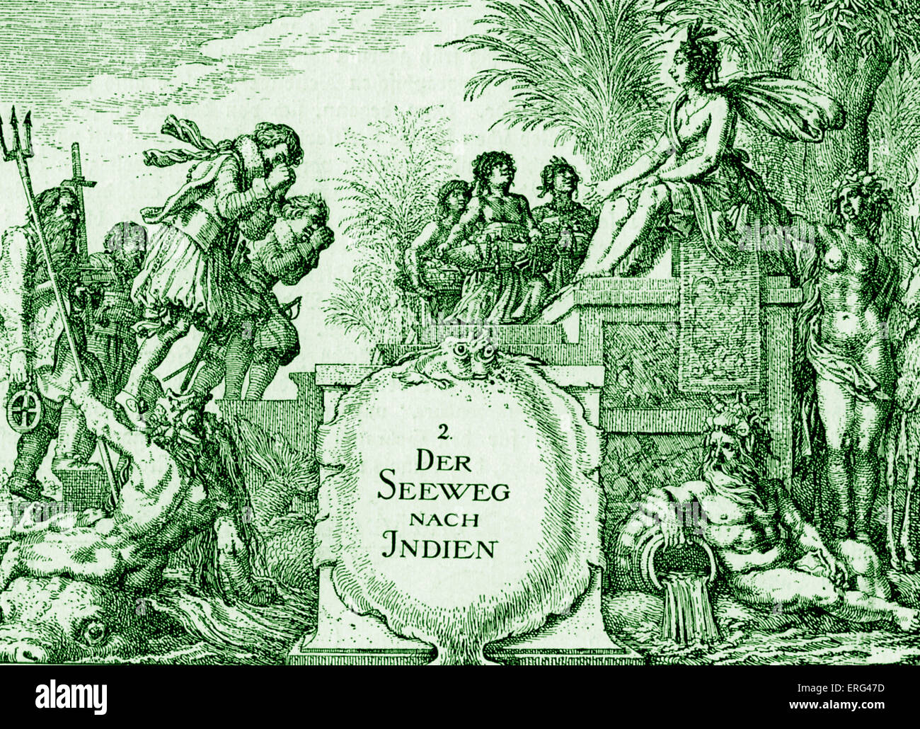 Der Seeweg nach Indien. Titel Seite mit Kupfer-Platte, die Gravur von "Journalen van de Reysen der Ostindie", Amsterdam, 1619. Niederländische Veröffentlichung. Getönte Version. Stockfoto