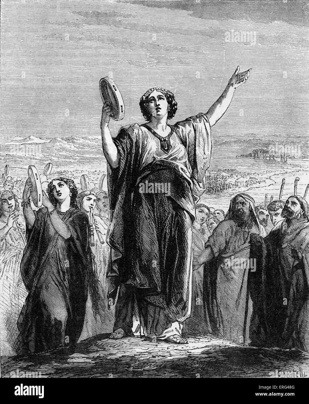 Die Prophetin Miriam führt Lied der Feier mit den anderen Frauen. Sie hält eine "Schellentrommel' (Tamburin) führt die Frauen im Lied nach der Überquerung des Meeres Schilf (Rotes Meer). Eine der Frauen spielt eine doppelte Aulos. Exodus, Kapitel XV. Stockfoto