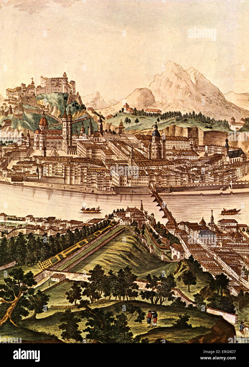Salzburg-Ansicht A.F.H. Naumann, spätes 18. Jahrhundert. Wolfgang Amadeus Mozart, Haydn und Salieri dort gelebt. Stockfoto