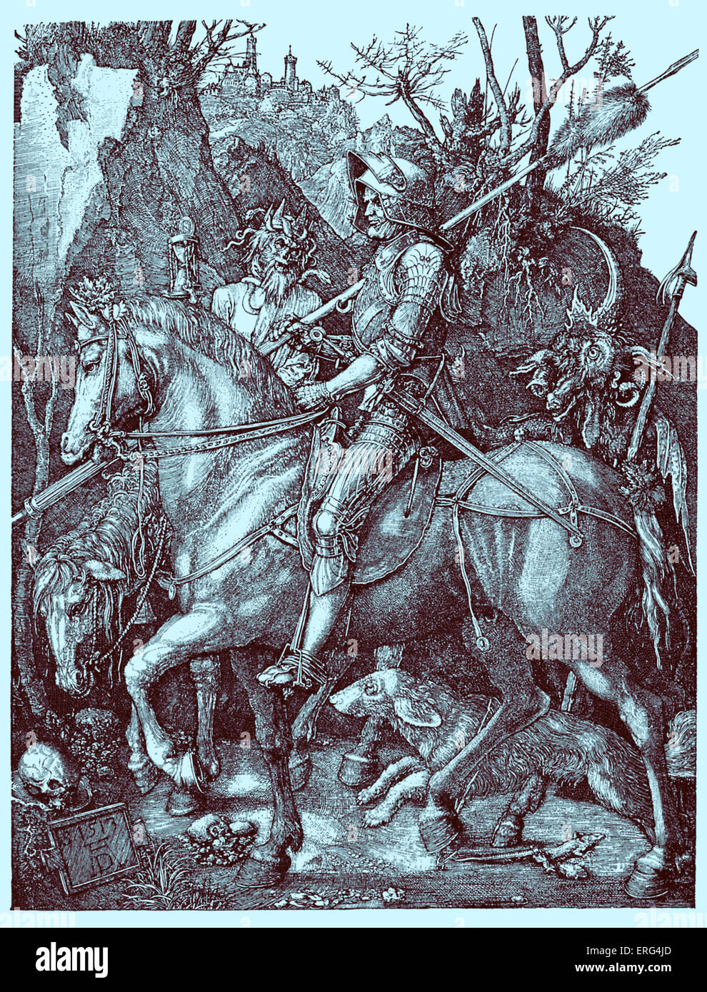 Ein Ritter, dem Teufel und Tod.  Deutsche allegorischer Kupferstich des deutschen Künstlers Albrecht Dürer 1471-1528. Stockfoto