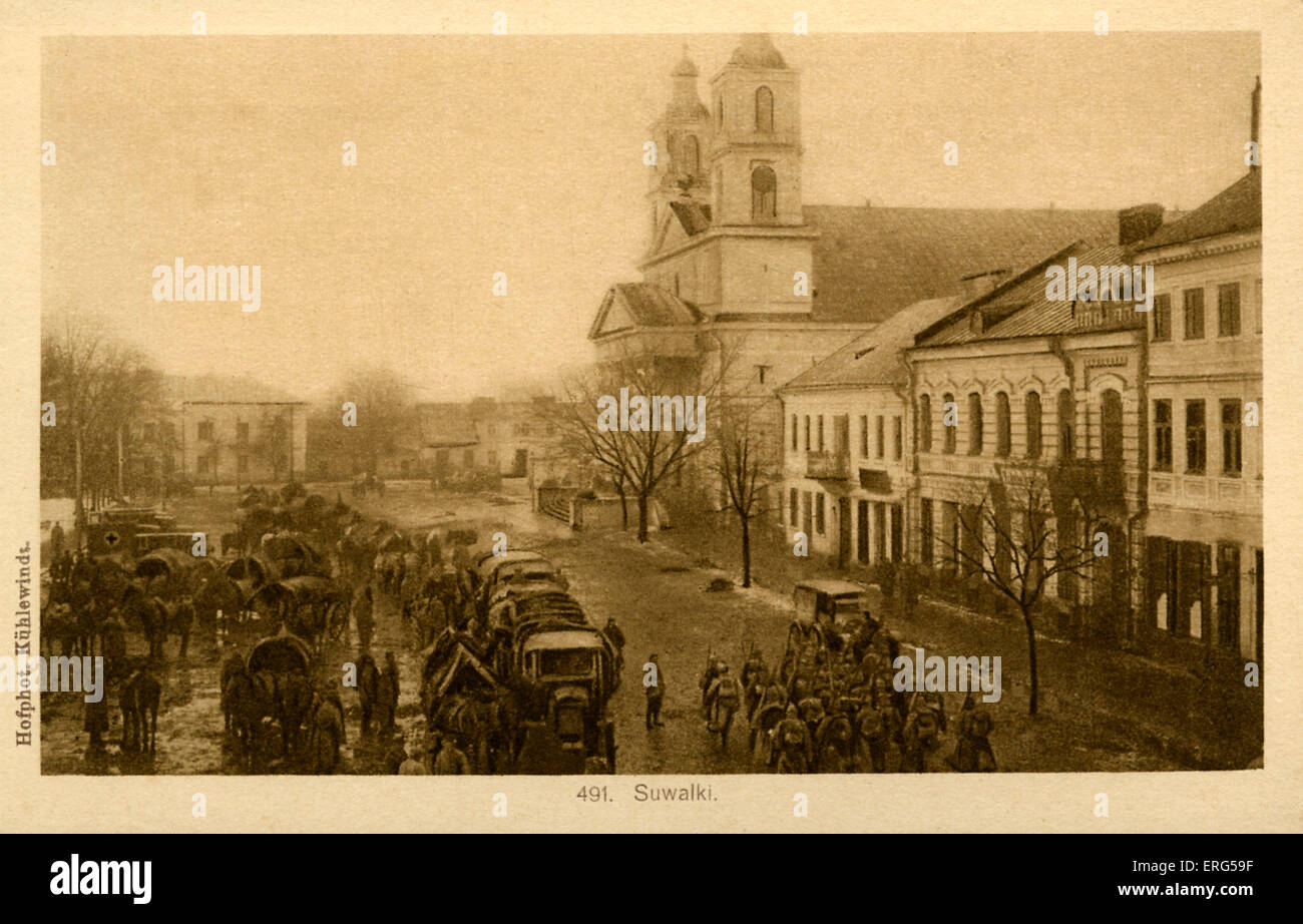 Am östlichen Front Städte unter deutscher Besatzung Weltkrieg. Foto, zeigt deutsche Truppen in Suwalki entnommen. Bildunterschrift lautet: Stockfoto
