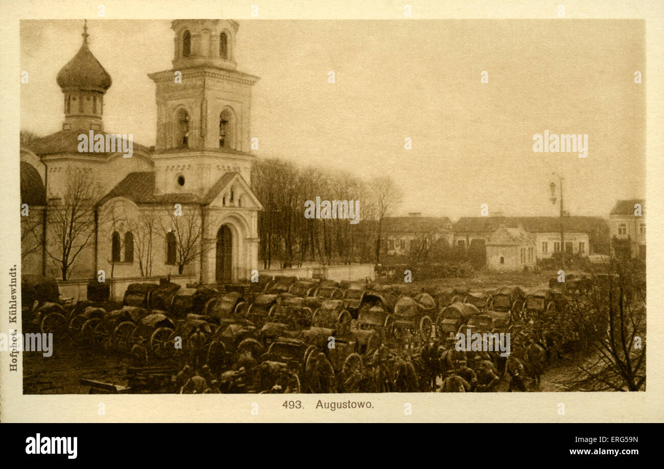 Am östlichen Front Städte unter deutscher Besatzung Weltkrieg. Entnommen aus Foto, zeigt, das deutsche Militär in Augustowo liefert. Stockfoto