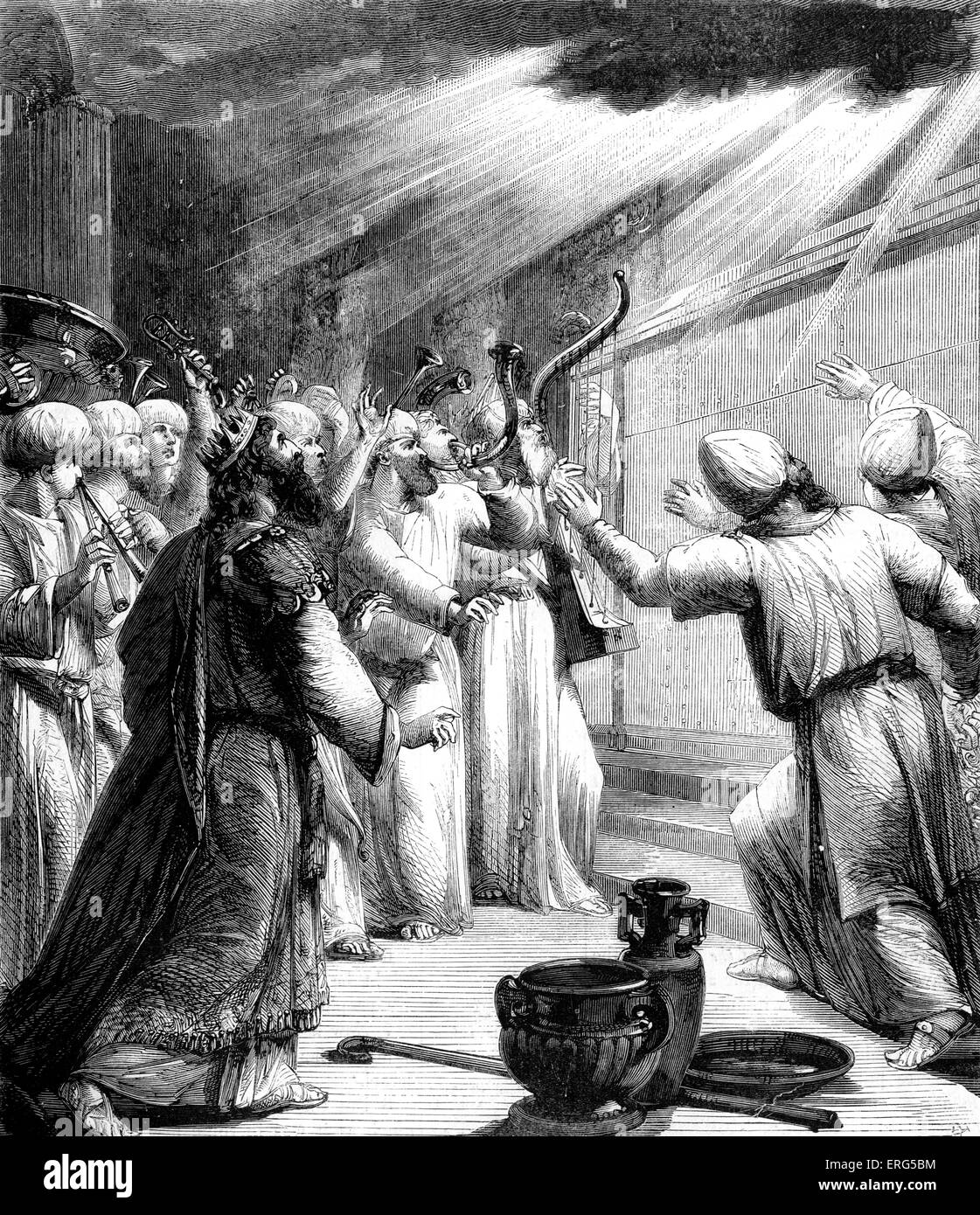 Salomo und die Priester und Leviten vor dem Altar des Brandopfers bei der Weihung des Tempels. Bibel, Chronik V, 13: "es begab sich auch, wie die Trompeter und Sänger waren als ein, um einen Ton gehört werden, loben und danken dem Herrn; und wenn sie ihre Stimme mit Trompeten und Cymbols sowie Instrumente der Musick hob, und lobte den Herrn, denn er gut ist zu sagen; für seine Barmherzigkeit ewig müht; dann wurde das Haus mit einer Wolke, auch das Haus des Herrn gefüllt. ' Stockfoto