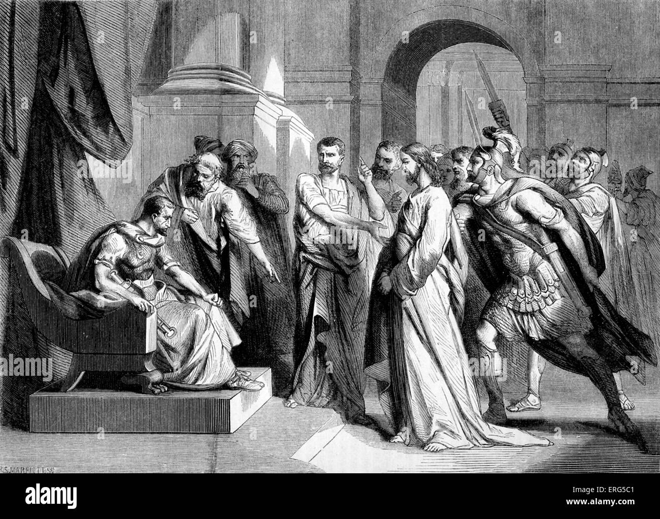 Christus vor Pilatus. Bibel, Mark XV, 2-3: "und Pilatus fragte ihn bist du der König der Juden? Und er beantwortet aber sprach zu ihm, Stockfoto