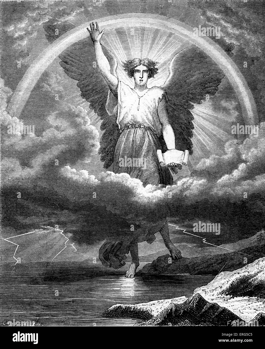 Der Engel mit dem Buch. Bibel, Offenbarung X 5: "und der Engel, die ich sah auf das Meer und auf der Erde, hob seine stehen Stockfoto