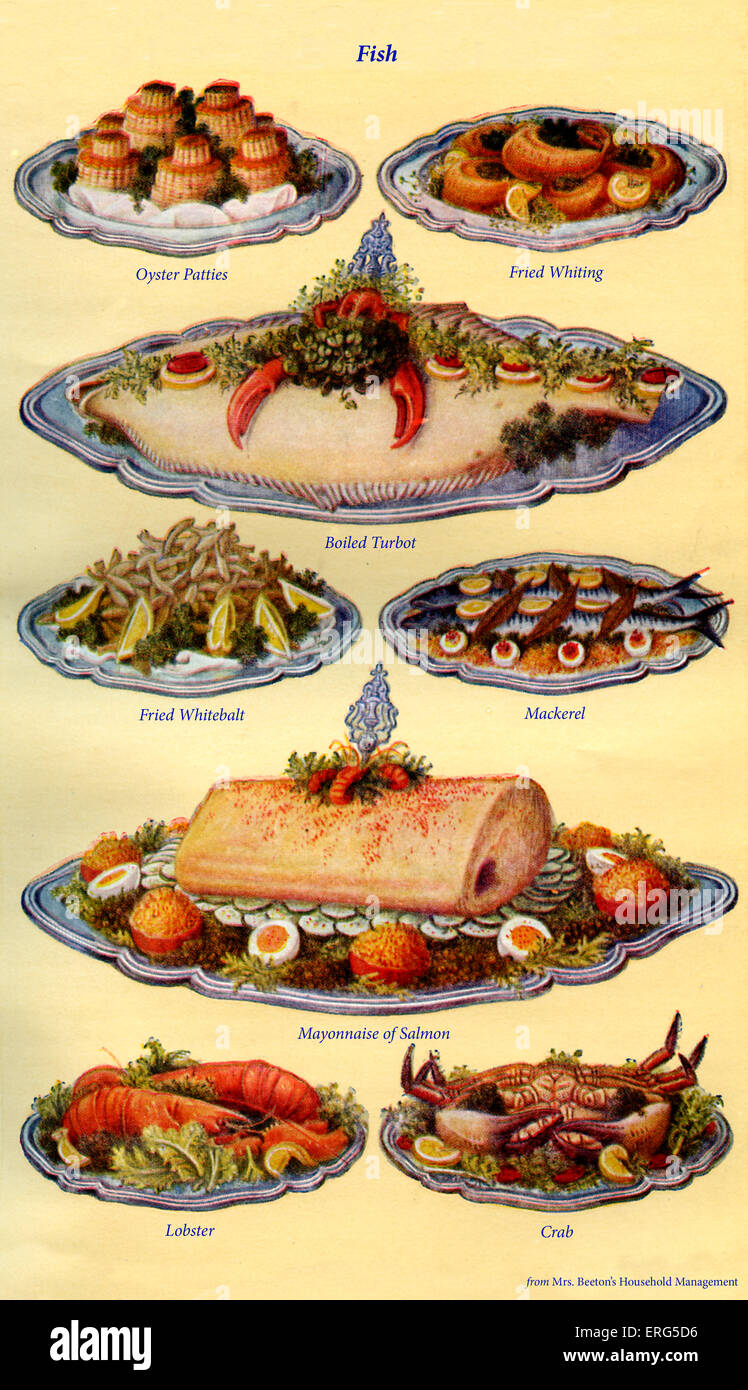 Frau Beeton Kochbuch - Fischgerichte (von 1-8): Oyster Pastetchen, Fried Whitting gekocht Steinbutt, frittierte Sardellen, Stockfoto