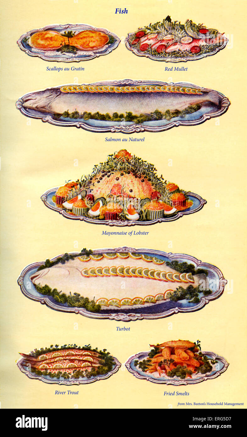 Frau Beeton Kochbuch - Fischgerichte (von 1-7): "Muscheln" au Gratin, Rotbarbe, Lachs au Naturel, Mayonnaise von Stockfoto