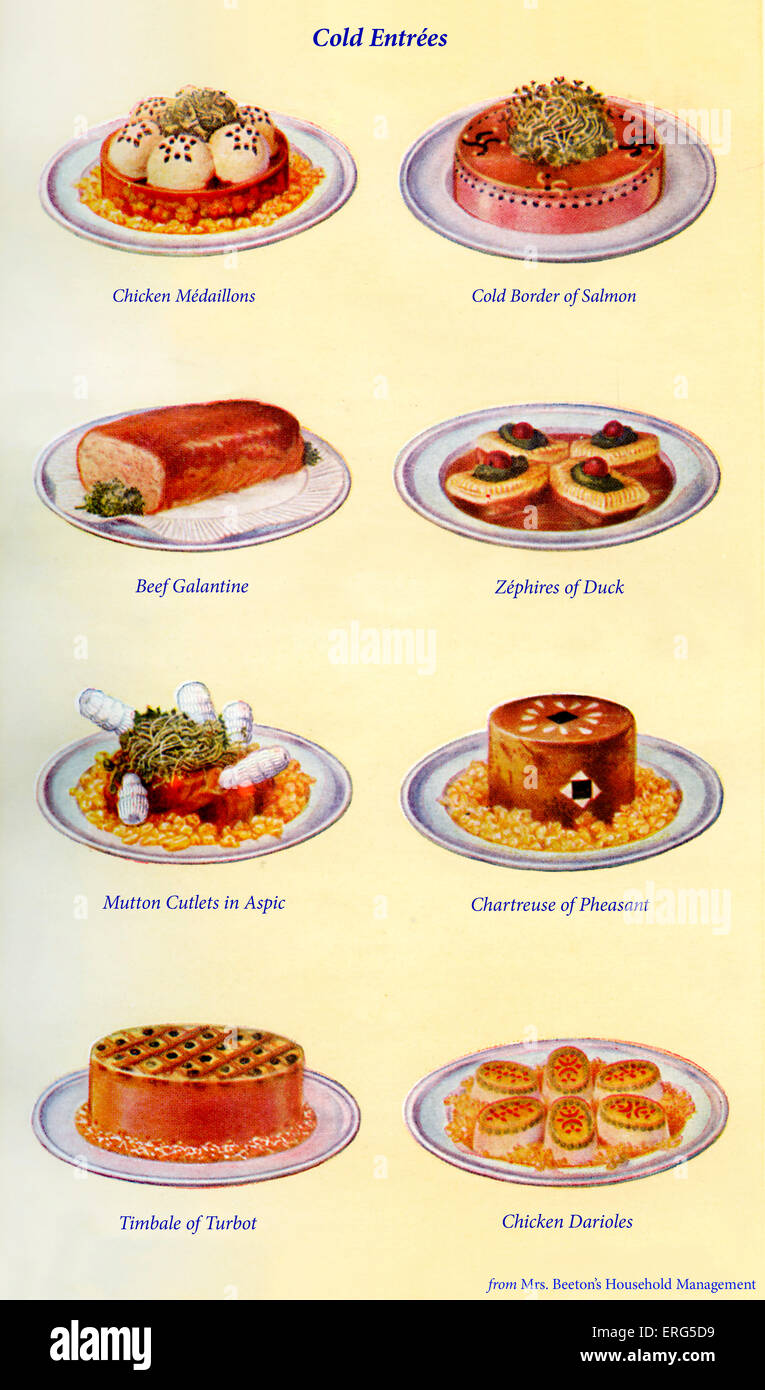 Frau Beeton Kochbuch - kalte Vorspeisen: Hähnchen Medaillons, kalten Grenze von Lachs, Rindfleisch Galantine, Zephires der Ente, Hammel Stockfoto