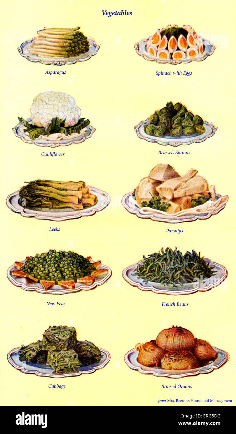 Frau Beeton Kochbuch - Gemüse (von 1 bis 10): Spargel, Spinat mit Eiern, Blumenkohl, Brussel Sprouts, neue Erbsen Stockfoto