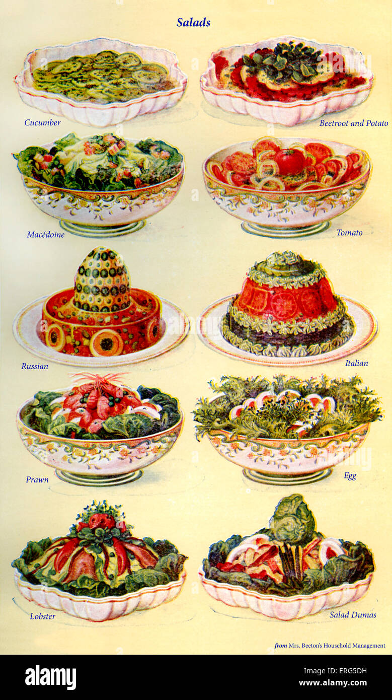 Frau Beeton Kochbuch - Salate (von 1 bis 10): Gurken, rote Beete und Kartoffeln, Fruchtsalat, Tomate, Russisch, Italienisch, Garnele, Stockfoto