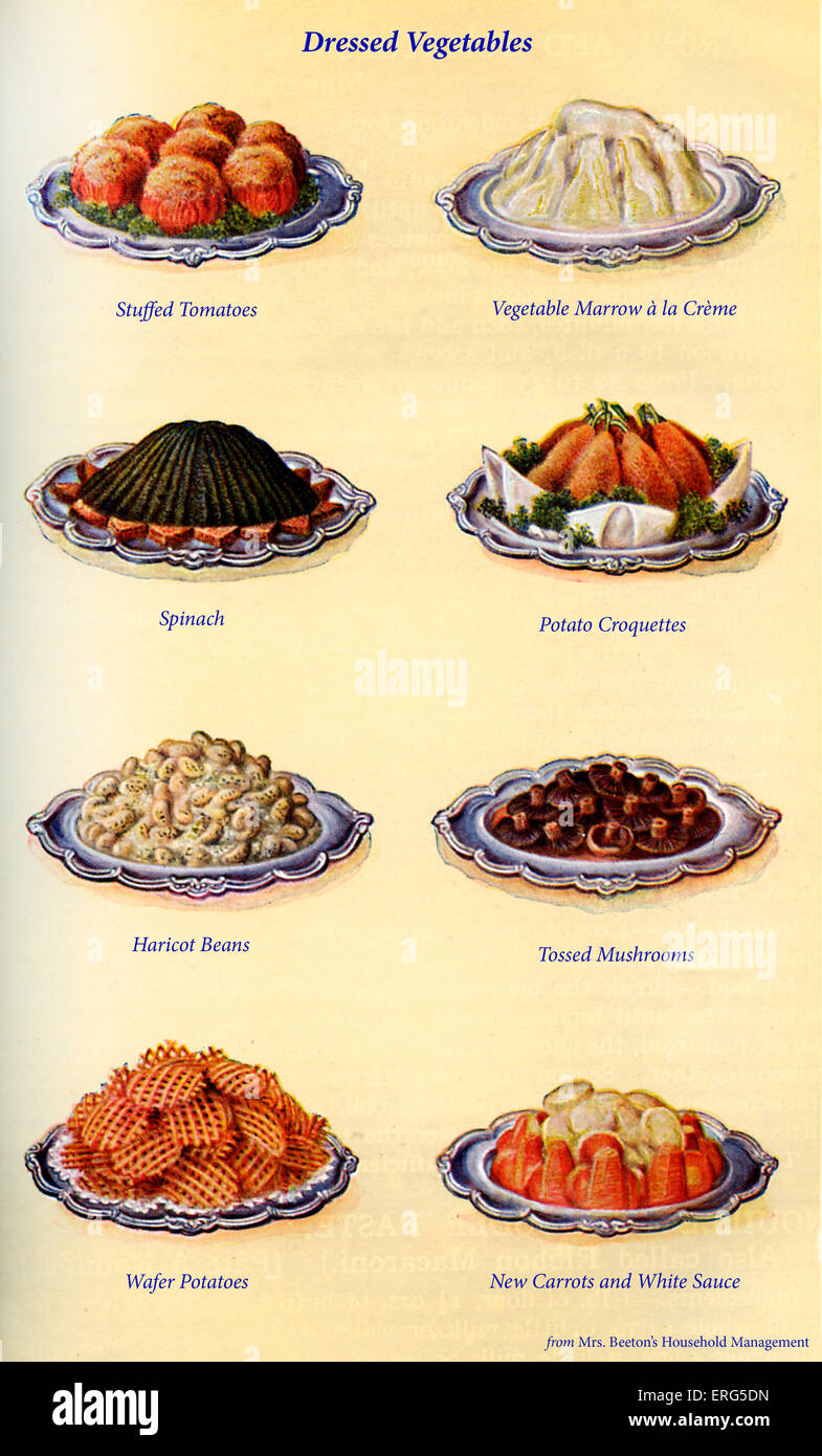 Frau Beeton Kochbuch - gekleidet Gemüse: Tomaten, Gemüse Knochenmark à la Crème, Spinat, Kartoffelkroketten, gefüllt Stockfoto