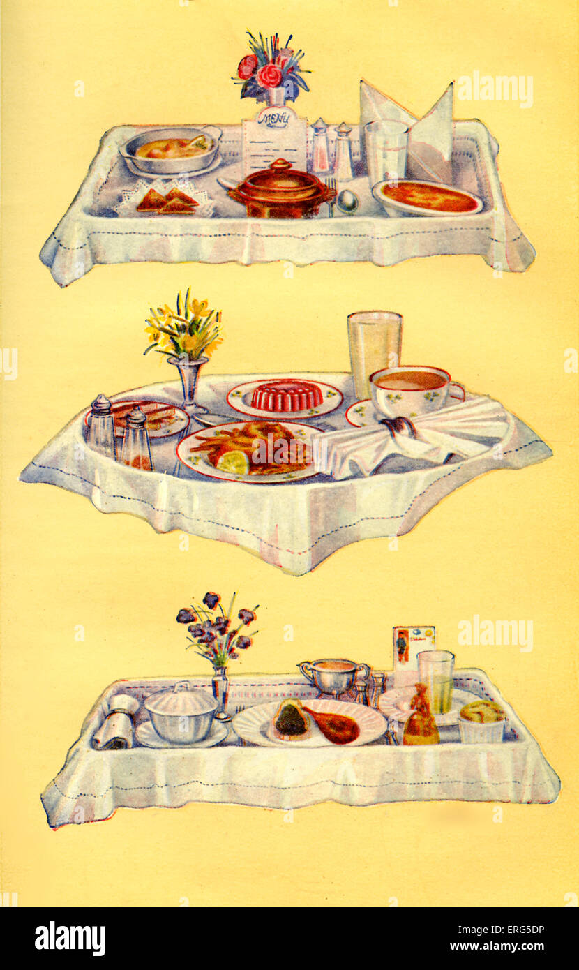 Frau Beeton Kochbuch - ungültige Tabletts (von 1 bis 3): 1. Filets von Seezunge, Fee Toast, Rindfleisch Tee, gebackene Creme gedünstet, Stockfoto