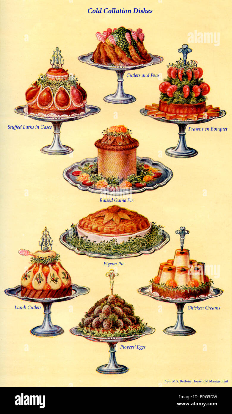 Frau Beeton Kochbuch - kalte Sortierung Gerichte (von 1 bis 8): Schnitzel und Erbsen, gefüllte Lerchen in Fällen Garnelen de Bukett, Stockfoto