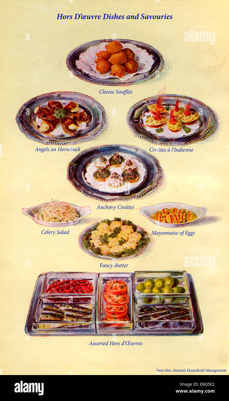 Frau Beeton Kochbuch - Hors D ' Oeuvre Teller und Käsegebäck (von 1 bis 8): Käse-Souffles, Engel zu Pferd, Croutes ein l ' Indienne, Sardellen Croutes, Sellerie-Salat, Mayonnaise, Eiern, Fancy Butter, verschiedene Hors D ' Oeuvres. Neue Ausgabe des Cookerybook, zuerst veröffentlicht 1861. Isabella Mary Beeton, Englisch Autor, 12. März 1836 – 6. Februar 1865. Stockfoto