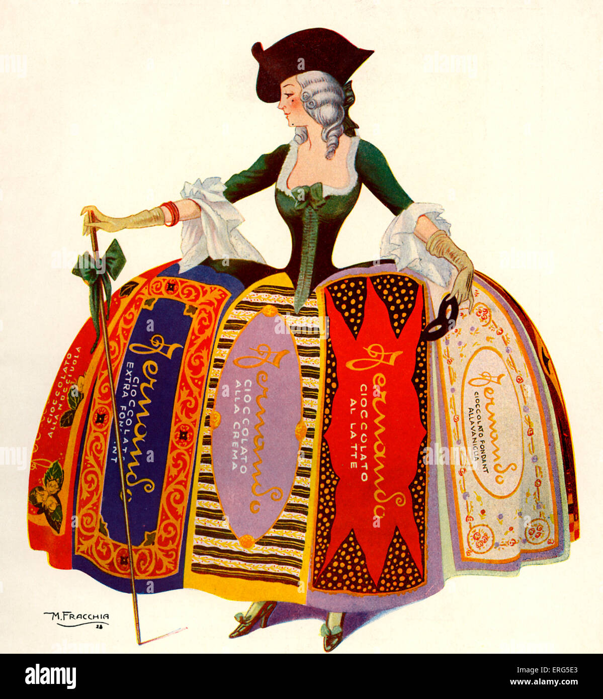 1928 - Werbung für italienische Schokolade Fernando (Ciocolatto Fernando). Der Slogan lautet: "Kostüm Antico, Ciocolatto Stockfoto