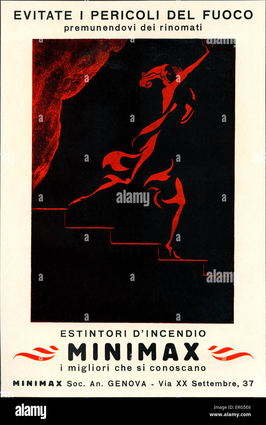 1928-Werbung für Feuerlöscher. Plakat liest: "Evitate ich Pericoli del Fuoco - Premunendovi dei Rinomati" ("vermeiden Stockfoto