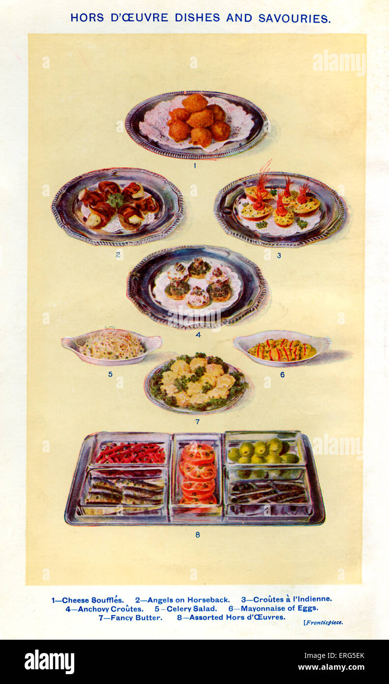 Frau Beeton Kochbuch - Hors D ' Oeuvre Teller und Käsegebäck (von 1 bis 8): Käse-Souffles, Engel zu Pferd, Croutes ein l ' Indienne, Sardellen Croutes, Sellerie-Salat, Mayonnaise, Eiern, Fancy Butter, verschiedene Hors D ' Oeuvres. Neue Ausgabe des Cookerybook, zuerst veröffentlicht 1861. Isabella Mary Beeton, Englisch Autor, 12. März 1836 – 6. Februar 1865. Stockfoto
