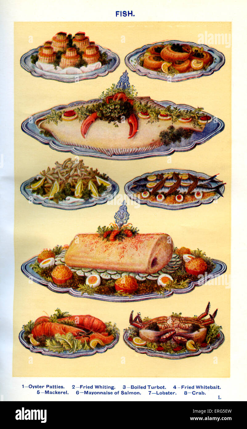 Frau Beeton Kochbuch - Fischgerichte (von 1-8): Oyster Pastetchen, Fried Whitting gekocht Steinbutt, frittierte Sardellen, Stockfoto