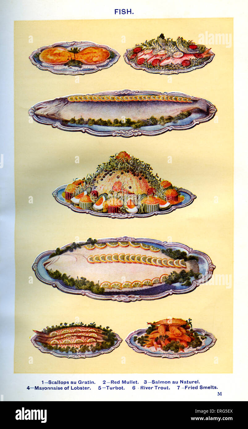 Frau Beeton Kochbuch - Fischgerichte (von 1-7): "Muscheln" au Gratin, Rotbarbe, Lachs au Naturel, Mayonnaise von Stockfoto