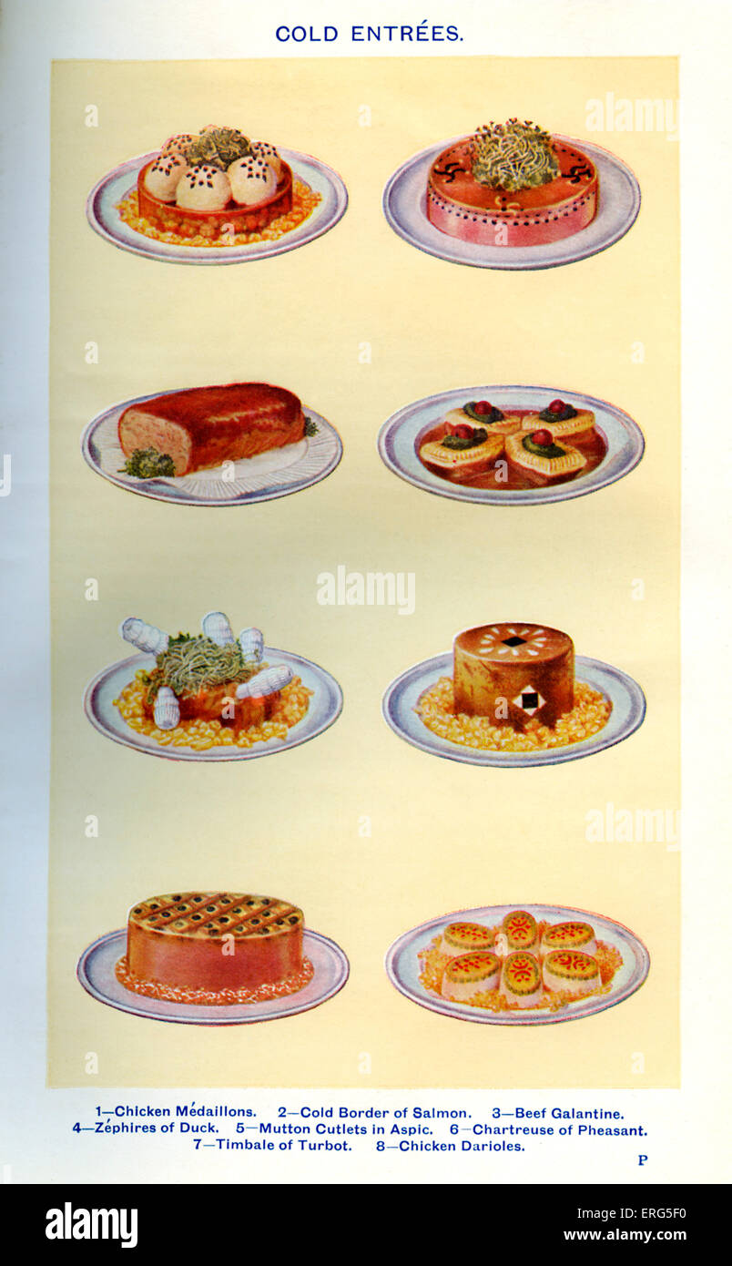 Frau Beeton Kochbuch - kalte Vorspeisen: Hähnchen Medaillons, kalten Grenze von Lachs, Rindfleisch Galantine, Zephires der Ente, Hammel Stockfoto