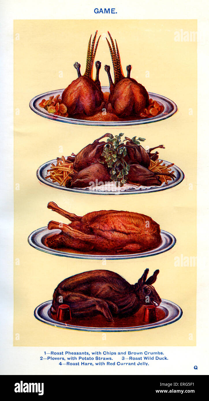 Frau Beeton Kochbuch - Spiel: Braten Fasane mit Pommes Frites und braune Krümel, Regenpfeifer mit Kartoffel-Strohhalme, gebratene wilde Ente Stockfoto