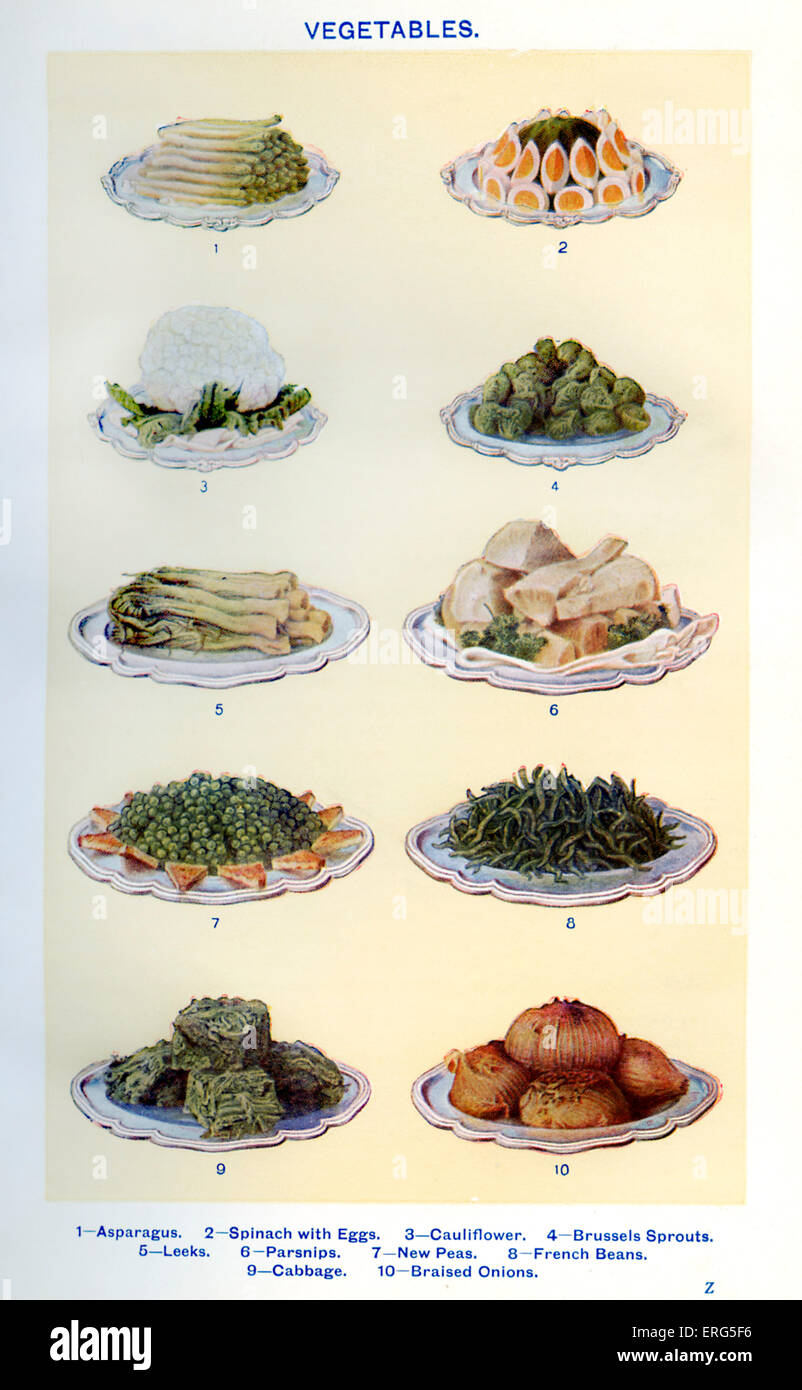 Frau Beeton Kochbuch - Gemüse (von 1 bis 10): Spargel, Spinat mit Eiern, Blumenkohl, Brussel Sprouts, neue Erbsen Stockfoto