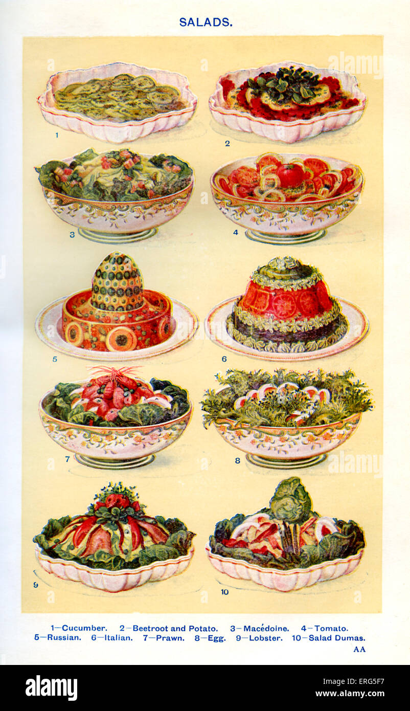 Frau Beeton Kochbuch - Salate (von 1 bis 10): Gurken, rote Beete und Kartoffeln, Fruchtsalat, Tomate, Russisch, Italienisch, Garnele, Stockfoto