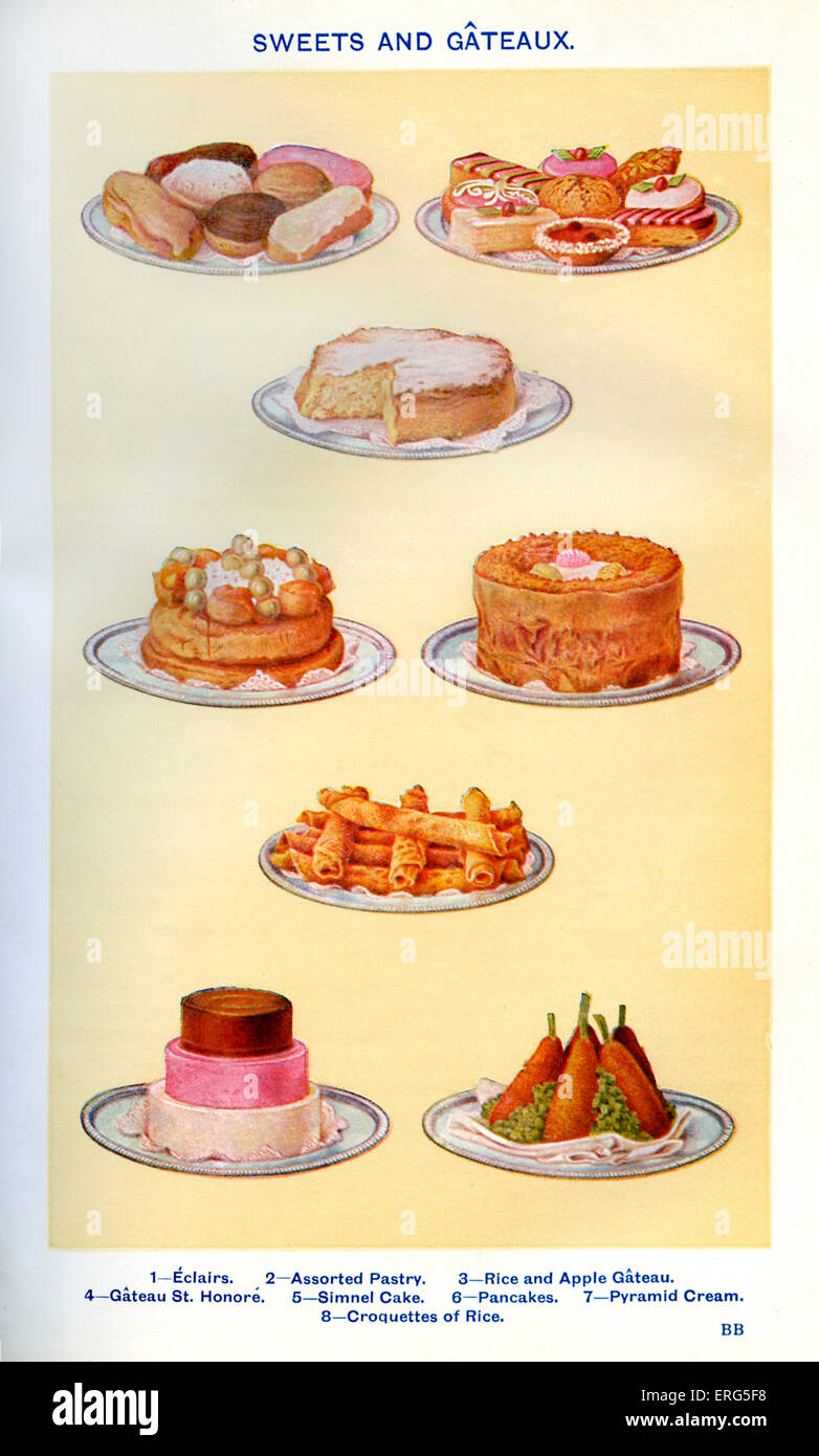 Frau Beeton Kochbuch - Süßigkeiten und Torten: Eclairs, verschiedene Backwaren, Reis und Apple Gateau, Gateau St Honore, Simnel Stockfoto