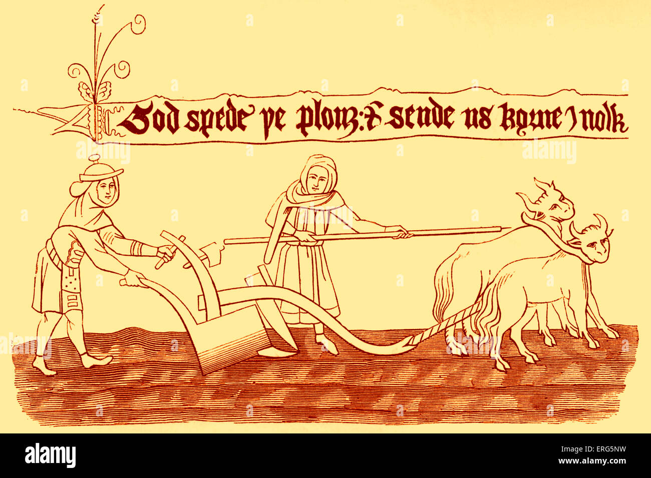 Mittelalterliche Ackermänner Pflügen mit Ochsen. Faksimile einer Miniatur in einer alten angelsächsischen Handschrift herausgegeben von Shaw, Legende Stockfoto