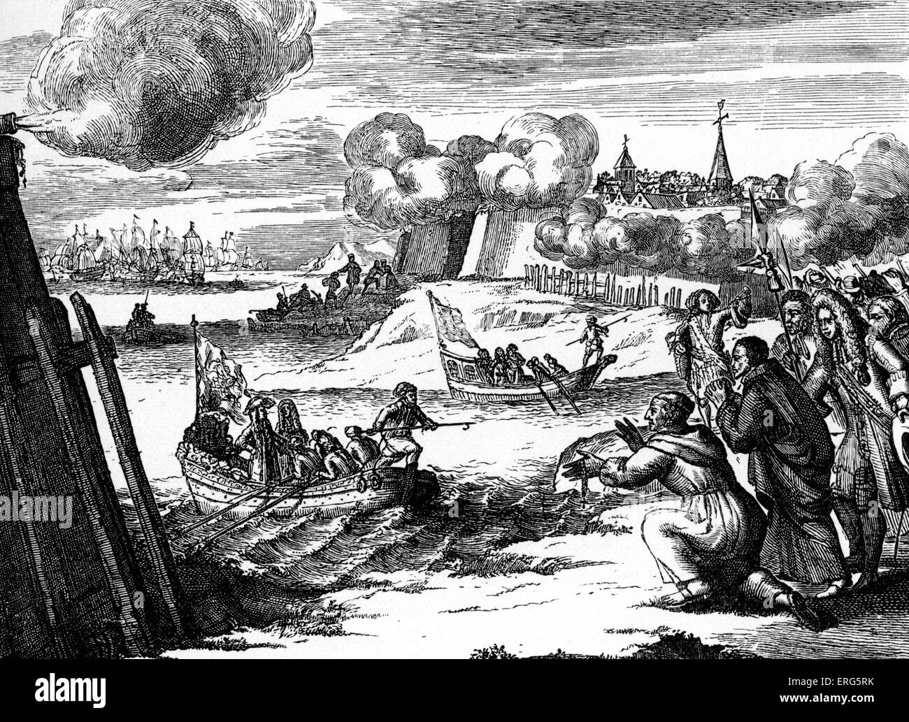 Jakob II. landet auf dem Kinsale, 1690. Stadt im County Cork, Irland. König von England und Irland (James VII von Schottland), 14. Oktober 1633 – 16. September 1701. Quelle veröffentlicht Amsterdam, 1690. Stockfoto