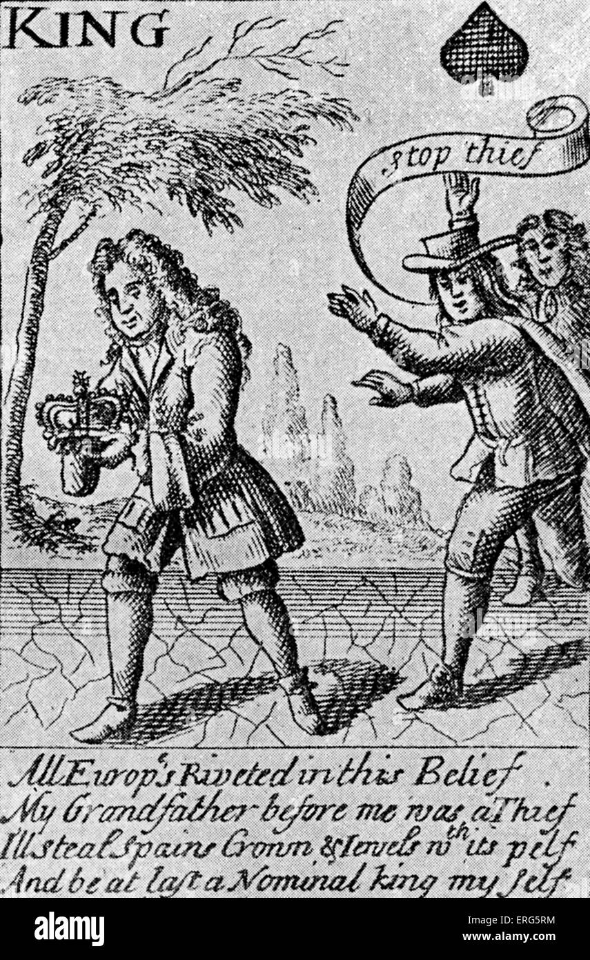 Spielkarten aus spanischen Erbfolgekrieg, 1701 – 1714. Satirische. Bildunterschrift lautet: "alle Europ genietet in diesem glauben, meine Stockfoto