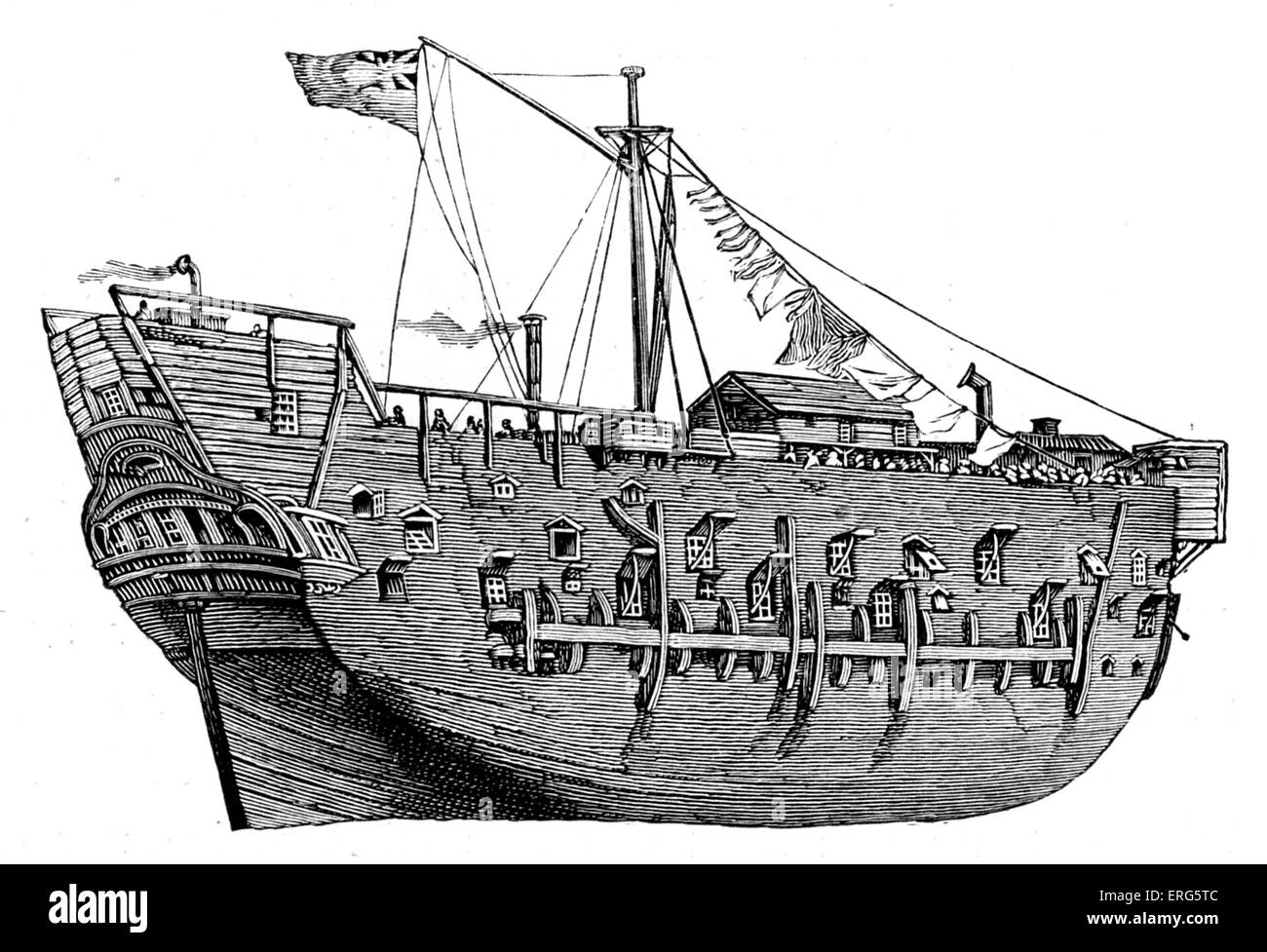HMS Discovery aus einer Zeichnung von Edward William Cooke, R.A. Consort Schiff von Captain James Cooks dritte Expedition zu den Stockfoto