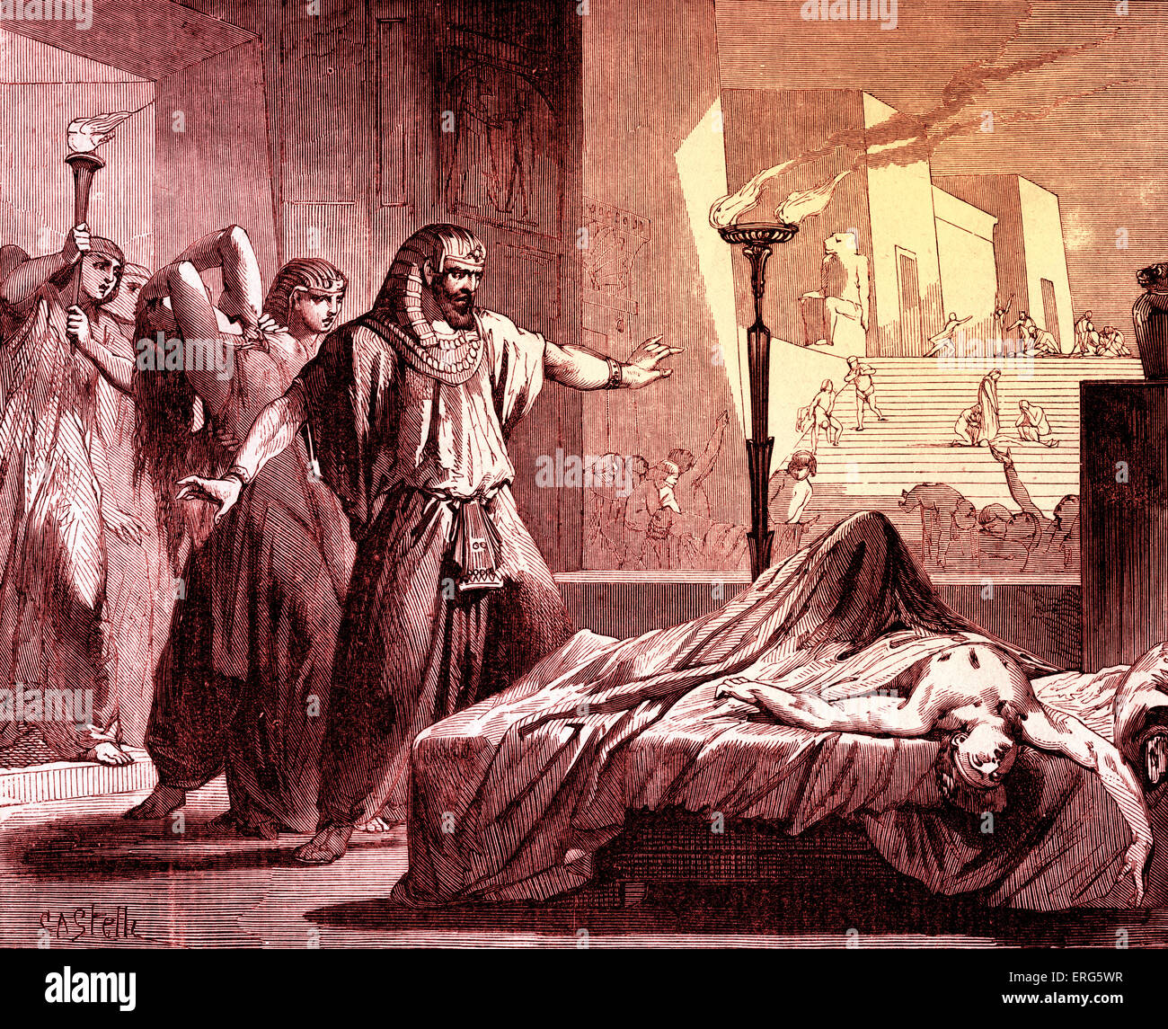 Tod des Erstgeborenen Ägyptens - der letzte der zehn Plagen.  Exodus, Kapitel XII. Getönte Version. Stockfoto
