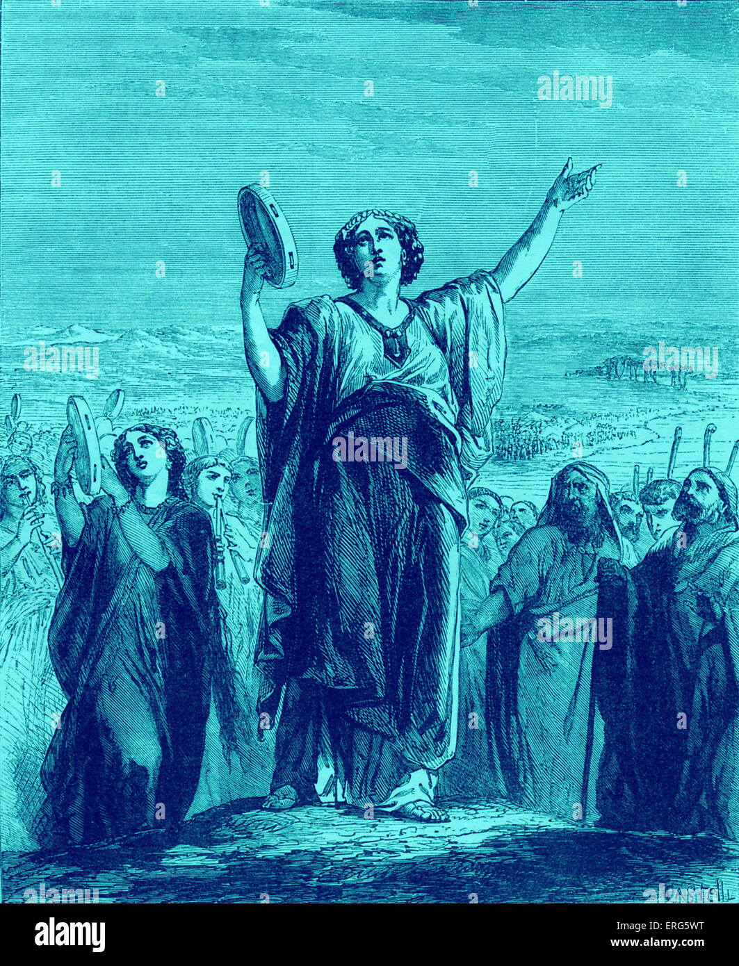 Die Prophetin Miriam führt Lied der Feier mit den anderen Frauen. Sie hält eine "Schellentrommel' (Tamburin) führt die Frauen im Lied nach der Überquerung des Meeres Schilf (Rotes Meer). Eine der Frauen spielt eine doppelte Aulos. Exodus, Kapitel XV. Getönte Version. Stockfoto