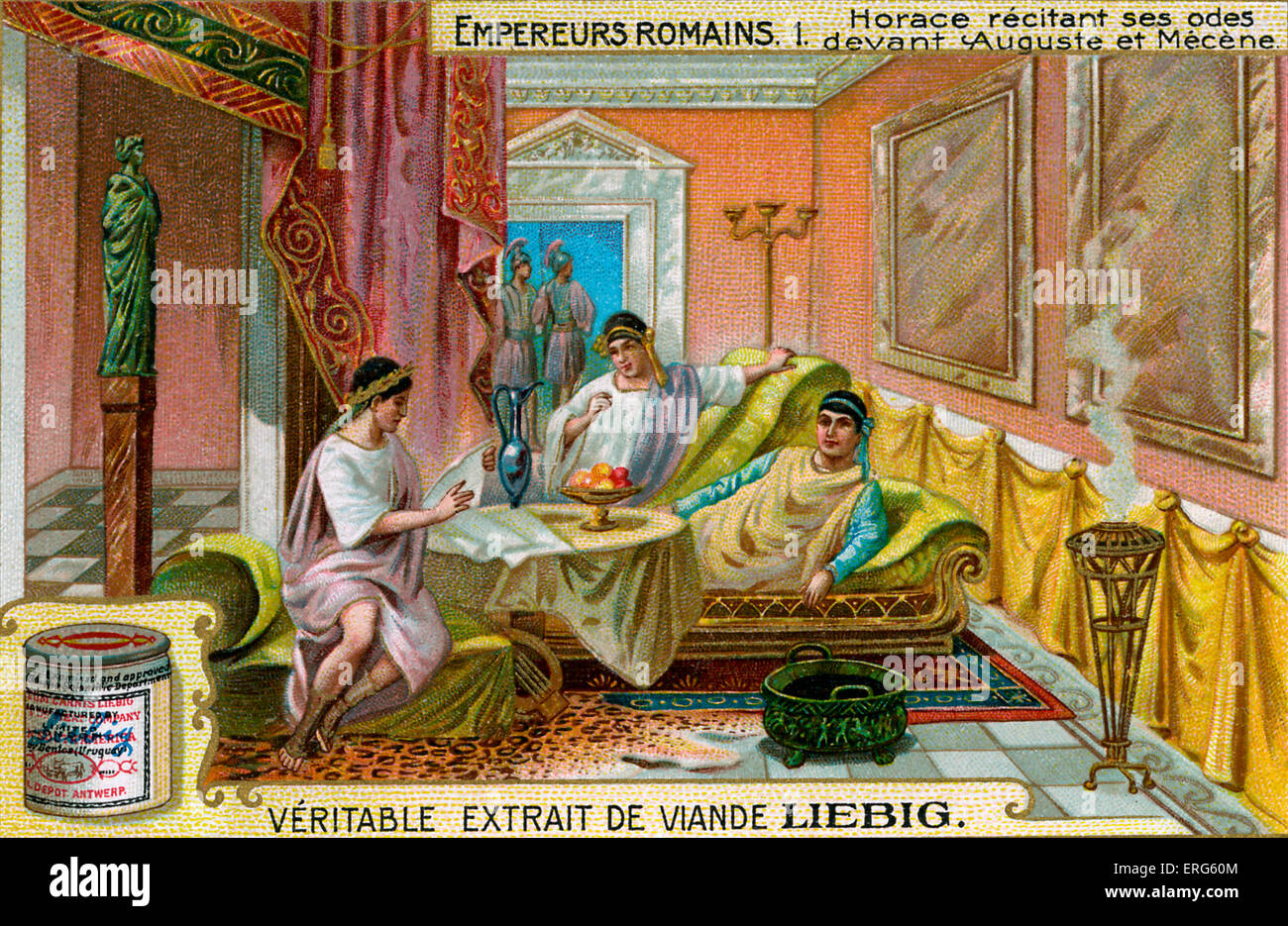 Roman Emperors - Liebig Fleisch Extrakt Sammelkartenspiel, 1907.  Vignette zeigt Horace Oden zu Augustus und Gaius lesen Stockfoto