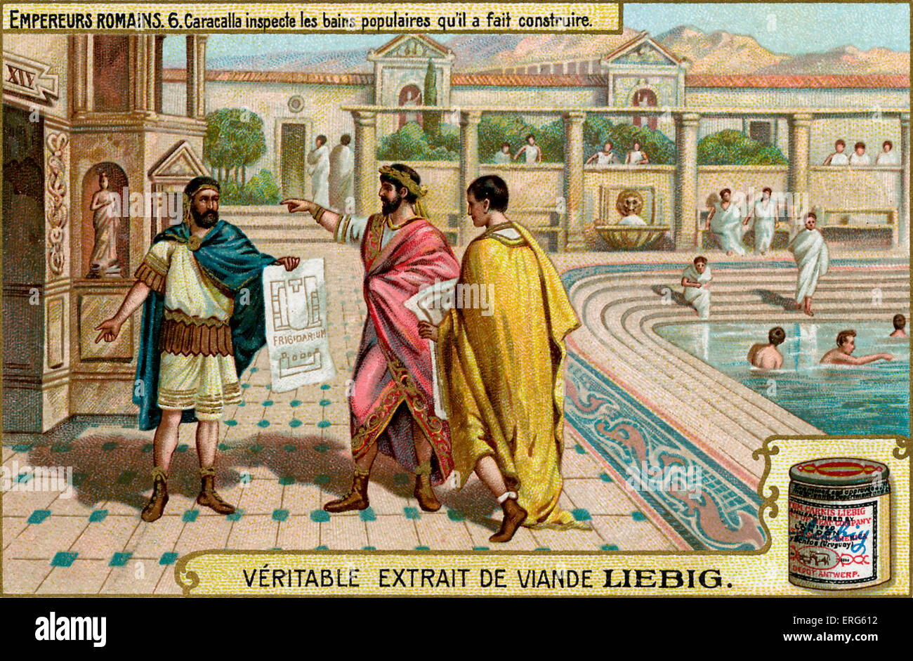 Roman Emperors - Liebig Fleisch Extrakt Sammelkartenspiel, 1907. Vignette mit Caracalla inspizieren die Bäder, die er gebaut hatte Stockfoto