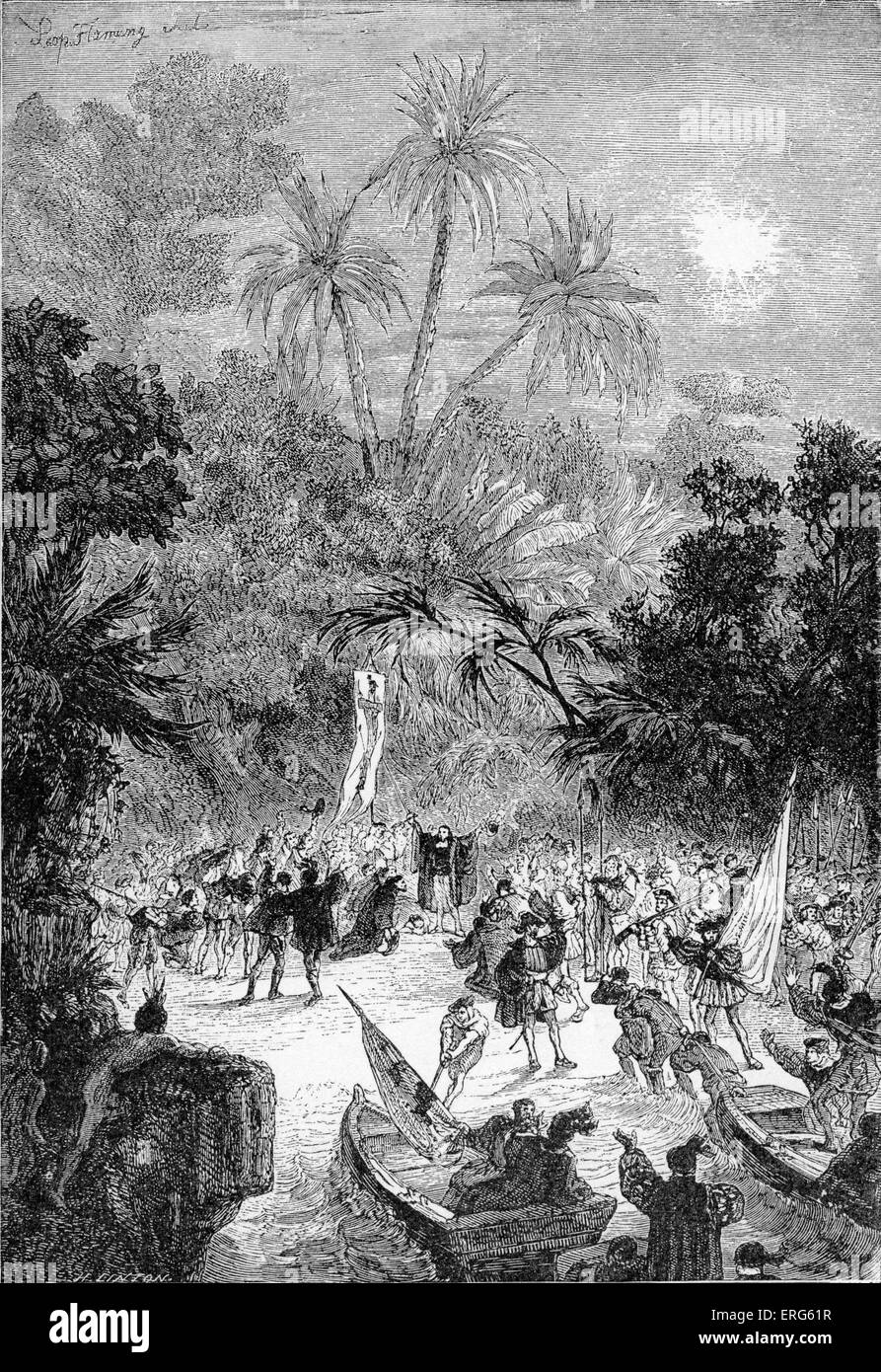 Die Landung von Columbus, veröffentlicht im Jahre 1887. Christopher Columbus Reisen auf den amerikanischen Kontinenten von 1492 Europa bewusst ihrer Existenz, und seine Siedlung in Hispaniola begann die Europäische Besiedlung des Gebiets. CC: Italienische Entdecker, c. 31 Oktober 1451 – 20. Mai 1506. Stockfoto