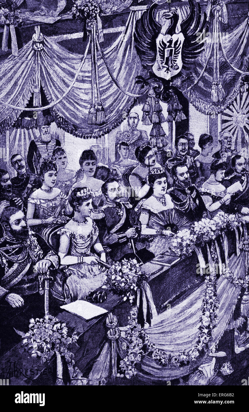 London - Publikum in königlichen Loge an der Covent Garden Opera, Ende des 19. Jahrhunderts. Queen Sie Victoria mit Prinz Albert und Besuch Stockfoto