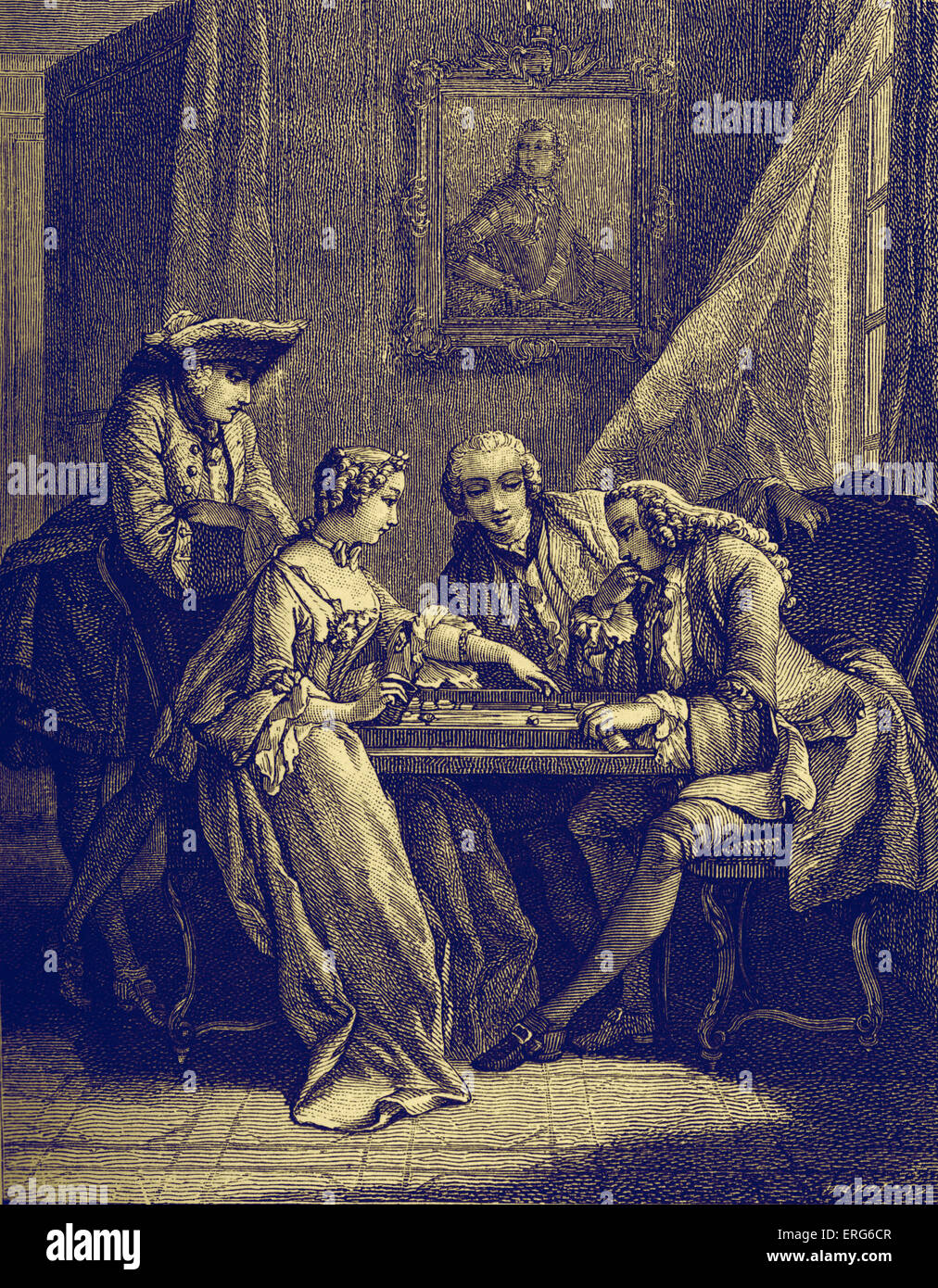 Bürgerlichen Männer und Frauen an einem Spieltisch, französische Spiel des Trictrac (Vorläufer des Backgammon) durch ein Fenster.  18. Stockfoto