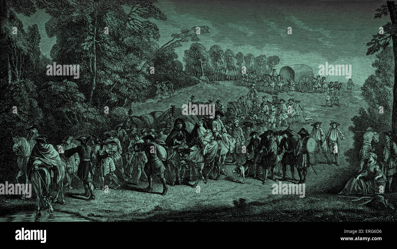 Infanterie auf dem Marsch: 18. Jahrhundert französische Armee auf Weg zum Krieg. Stockfoto
