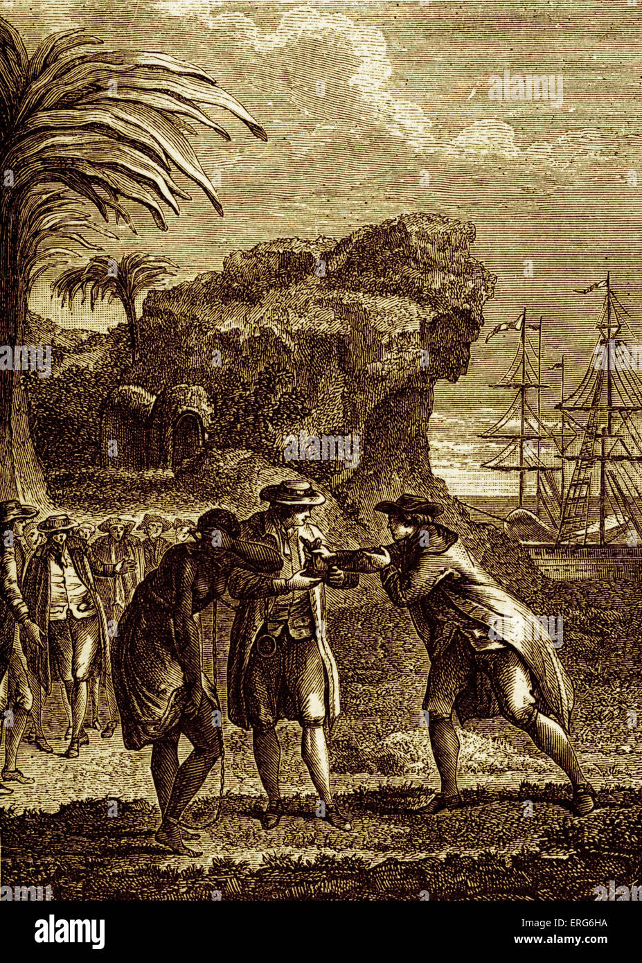 Französische Kolonialisierung: der Verkauf eines schwarzen Sklaven, während des 18. Jahrhunderts. Während der Herrschaft von Louis XV. Stockfoto